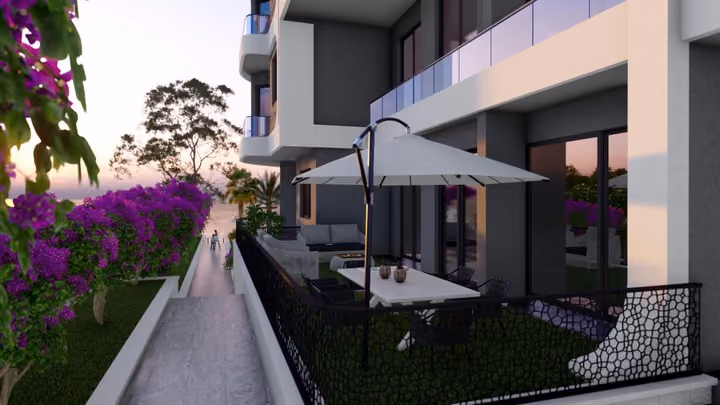 Architectural rendering of ground-level patios beside a landscaped path