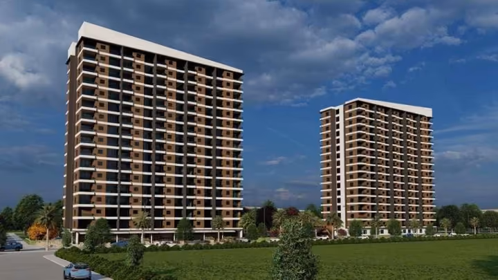 Architectural visualization of two residential buildings with landscaped surroundings.