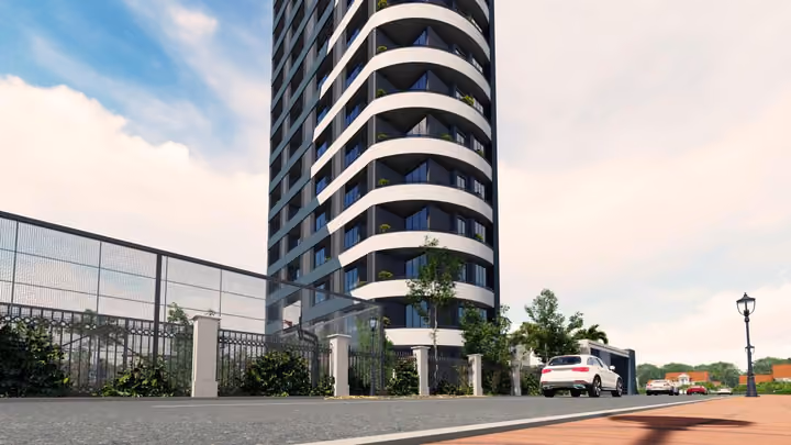 Architectural rendering of the building at the street corner