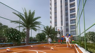 Architectural visualisation: basketball court within the residential grounds.
