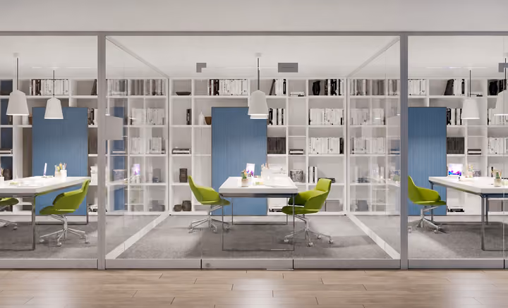 Architectural rendering of shared workspace behind glass partitions.