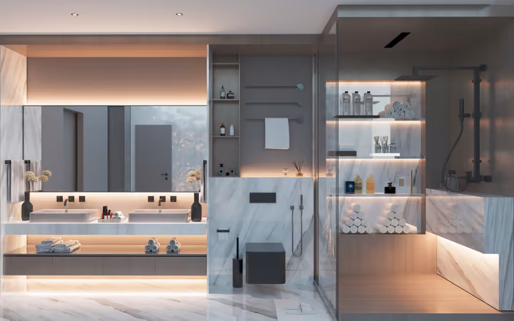 A bathroom with a double vanity and a glass shower enclosure. Architectural render supplied in the project source folder; it illustrates the proposed design.