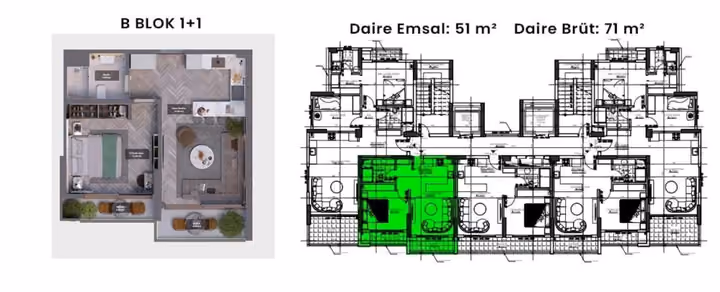 One-bedroom floor plan marked 71 square metres gross with one bathroom.