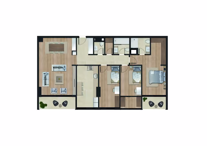 Original catalogue floor-plan illustration for a 3-bedroom apartment with two bathrooms, 126.71 square metres net and 141.00 square metres gross area. Some layouts also have a separate guest WC.