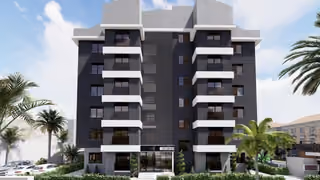Architectural visualisation of the building entrance and balconies.