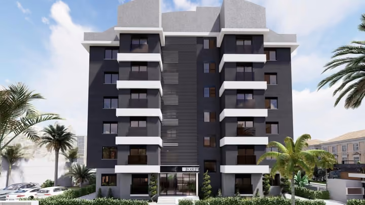 Architectural visualisation of the building entrance and balconies.