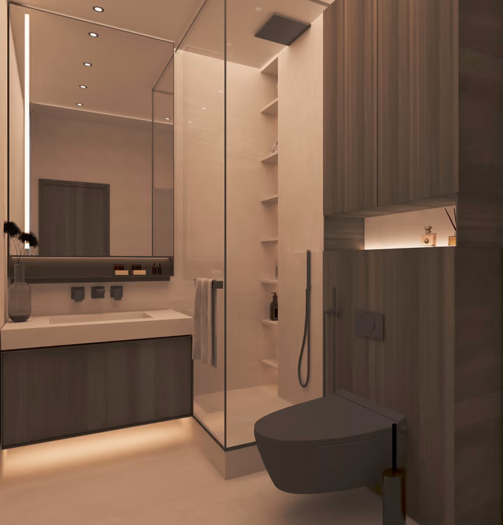 A bathroom vanity, mirror, toilet and glass shower enclosure. Architectural render supplied in the project source folder; it illustrates the proposed design.