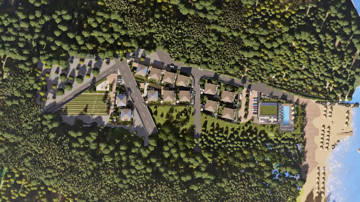 An overhead view of villa plots, internal roads, landscaping and leisure areas. Architectural render supplied in the project source folder; it illustrates the proposed design.