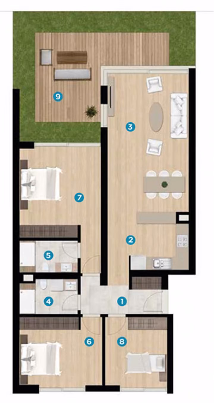 Illustrative three bedroom apartment floor plan in Boyalik, Cesme.