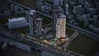 Architectural visualization of the residential tower within its surrounding urban blocks.