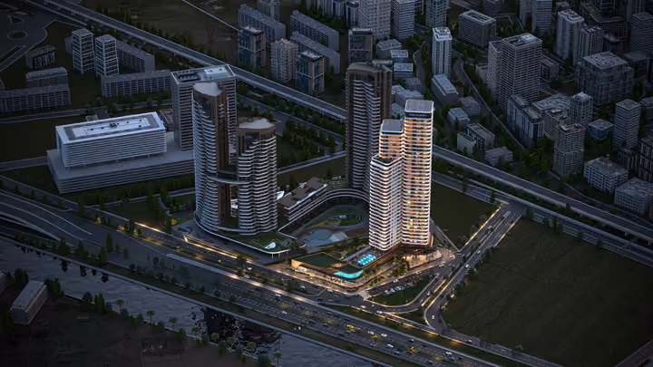 Architectural visualization of the residential tower within its surrounding urban blocks.