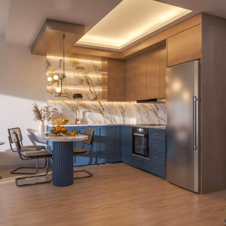 Interior rendering of fitted kitchen cabinetry and dining space