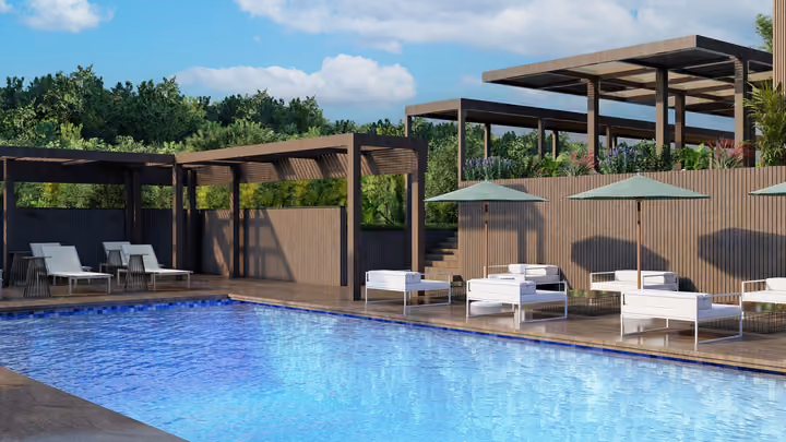 An outdoor swimming pool with sunbeds, lounge chairs, umbrellas and planted terraced pergolas. Architectural render supplied in the project source folder; it illustrates the proposed design.