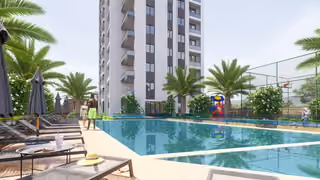 Architectural visualisation: shared outdoor swimming pool and surrounding sun deck.