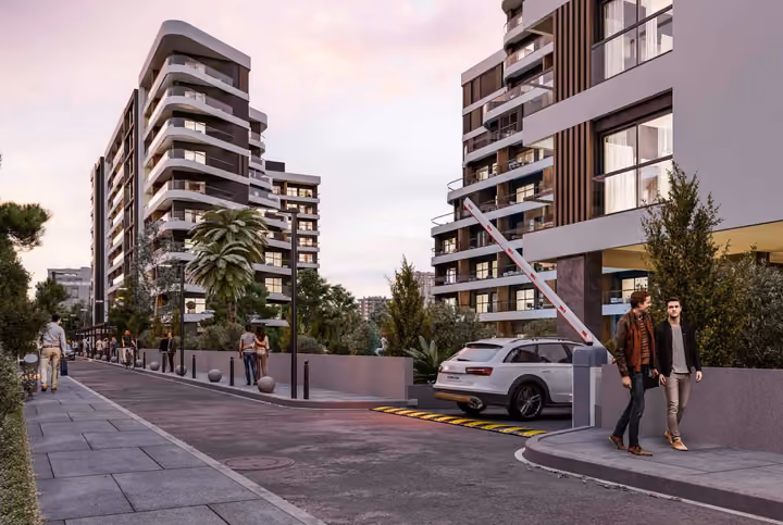 Architectural visualization of the walkway and entrance area between the apartment buildings.