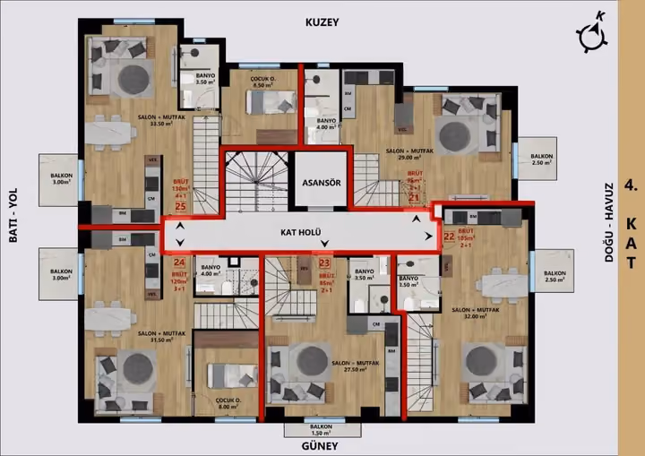 Fourth-floor plan showing the lower level of duplex apartment 24.