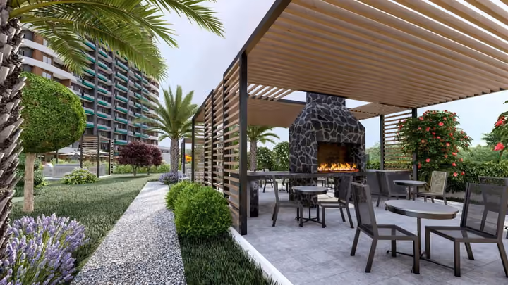 Architectural visualisation of shaded outdoor seating in landscaped gardens.