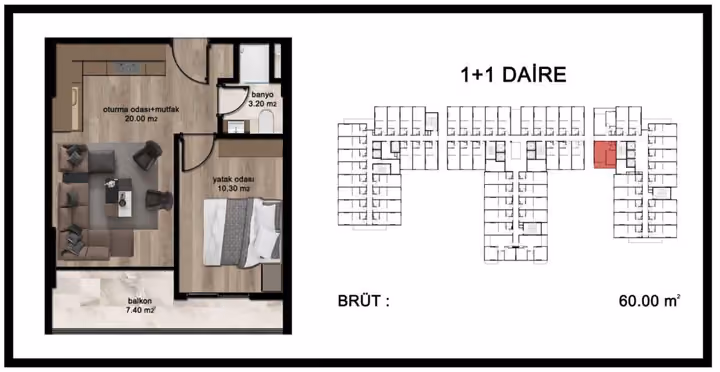 One-bedroom plan marked 60 square metres gross with one bathroom and a balcony.