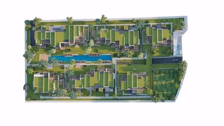 Illustrative site plan showing buildings and central pool in Boyalik, Cesme.