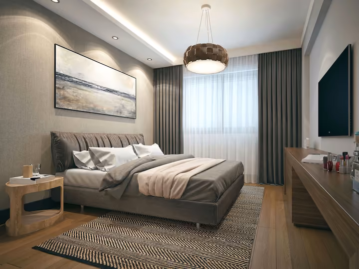 Interior visualization of the bedroom with bedside furniture, curtains and a desk.