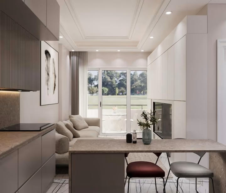 Interior visualisation of the living space and open kitchen.