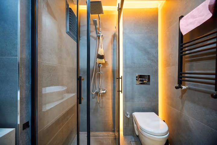 Second bathroom with a shower enclosure, toilet and towel radiator on the opposite wall.