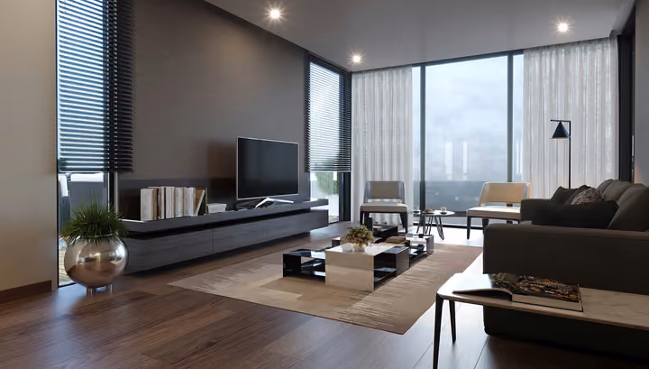 Architectural rendering of living room with full height glazing in Gaziemir, Izmir.