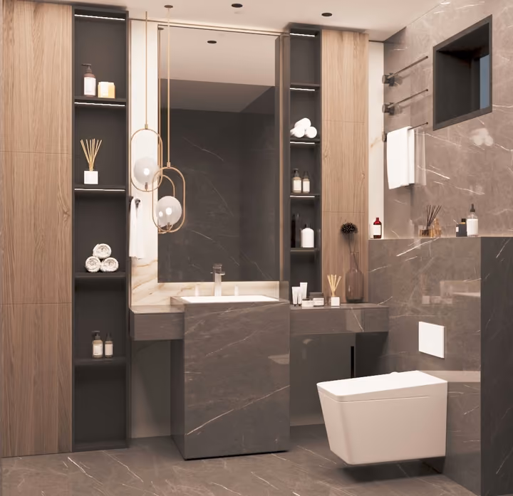 A bathroom with stone finishes, a washbasin, toilet and shower enclosure. Architectural render supplied in the project source folder; it illustrates the proposed design.