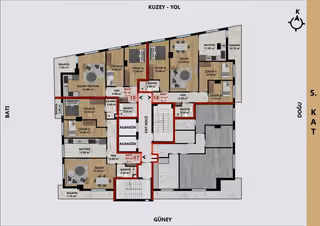 Fifth-floor plan showing 82, 105 and 115 square metre gross apartment layouts.