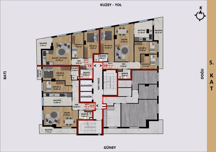 Fifth-floor plan showing 82, 105 and 115 square metre gross apartment layouts.