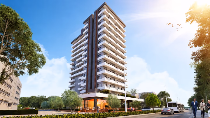 Rendering of a residential tower with balconies, trees and a commercial ground floor.