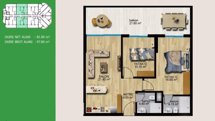 General project two-bedroom plan labelled 97 square meters gross; not a current sale option