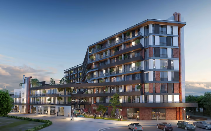 Architectural rendering of apartment balconies and courtyard at dusk.