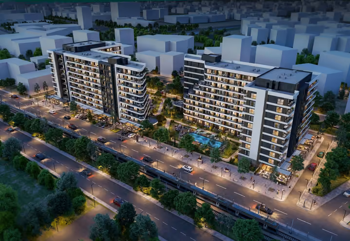 Architectural visualization of the two residential blocks, pool courtyards and surrounding streets at dusk.