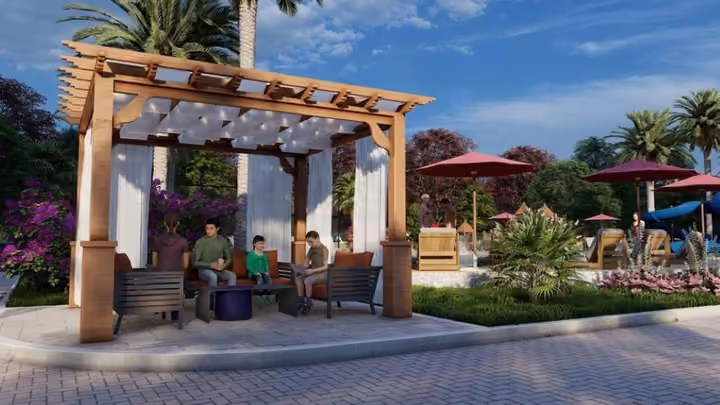 Architectural visualization of a shaded garden pergola and seating area.