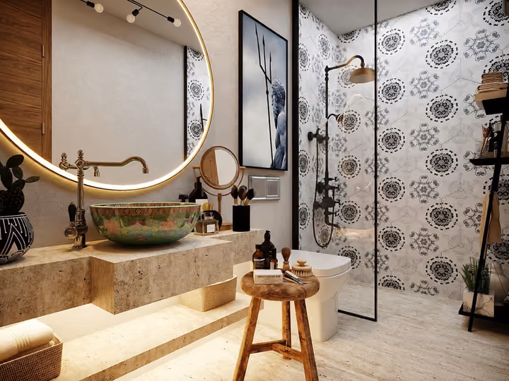 Architectural rendering of bathroom with patterned shower tiles and vessel basin in Alacati, Cesme.