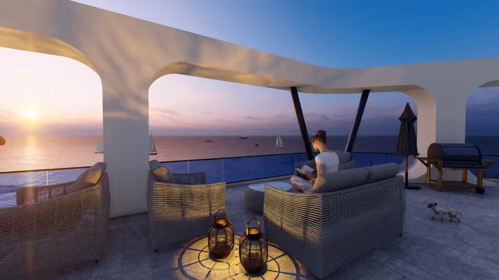 Architectural rendering of a furnished roof terrace at sunset