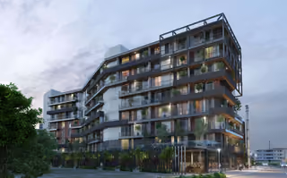 Architectural rendering of angled exterior view of the residences.