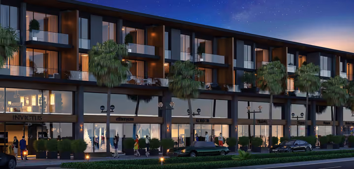 Architectural rendering of street facing apartment facade at dusk in Gaziemir, Izmir.