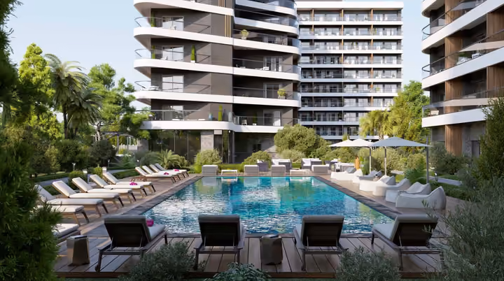 Architectural visualization of the pool, sun loungers and surrounding garden.