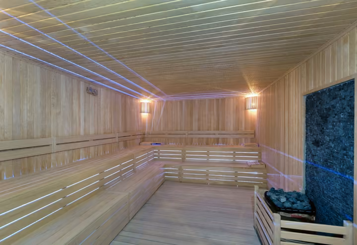Photograph of wood-lined sauna.
