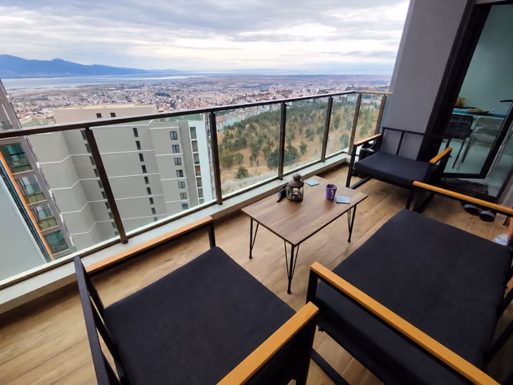 Balcony seating overlooking the bay.