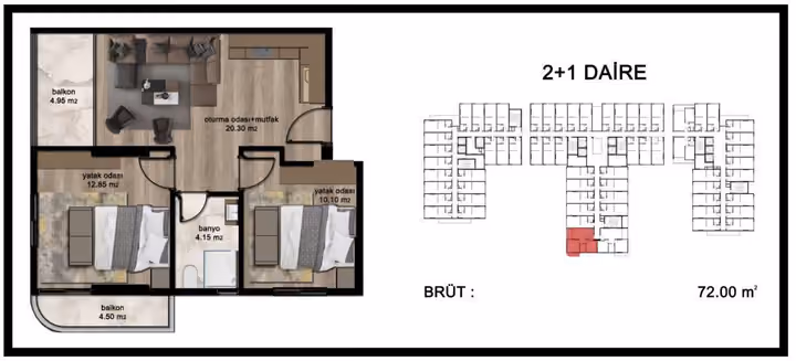 Two-bedroom plan marked 72 square metres gross with one bathroom and two balconies.