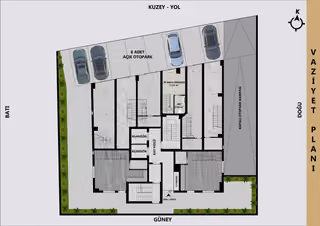 Site plan showing building access and parking.