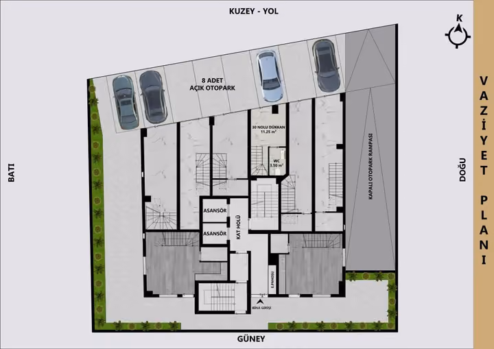 Site plan showing building access and parking.