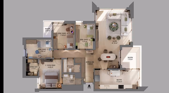 Four-bedroom apartment plan showing two bathrooms, a dressing area and balconies.