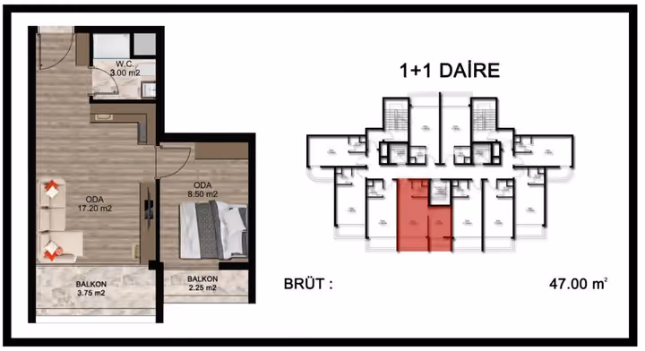 One-bedroom plan marked 47 square metres gross with one bathroom and two balconies.