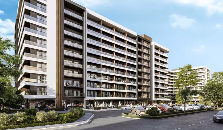 Architectural visualization of the apartment facade, planting and internal access route.
