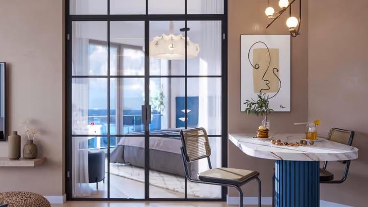 Interior rendering of a dining table beside a glazed bedroom partition