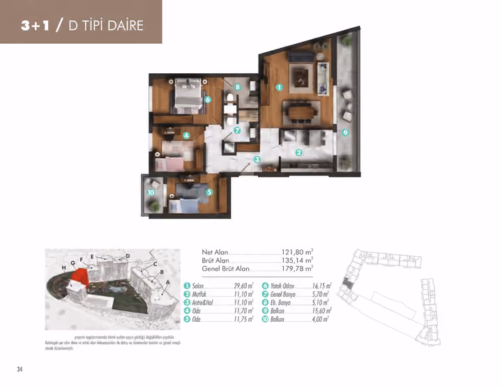 Apartment plan showing 3 bedrooms and 2 bathrooms; 135.14 square metres gross and 121.80 square metres net. General gross area is separately labelled in the drawing.